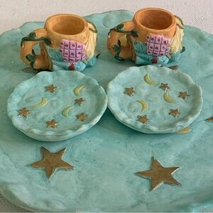 Miniature Tea Set Angels Tea Cups Plates Moon Stars Resin VTG 1995 Young's Inc